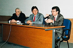 Hélio Graciosa, diretor do CPqD; Eunício Oliveira, ministro das Comunicações; e Nelson Simões, diretor da RNP, concedem entrevista coletiva após a inauguração do Giga